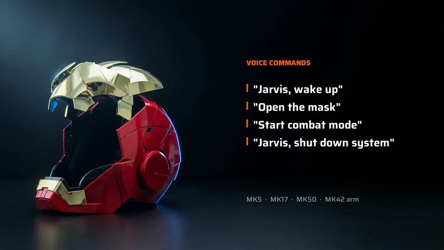 MK5 Iron Man helmet with the faceplate open, beside a list of its voice commands
