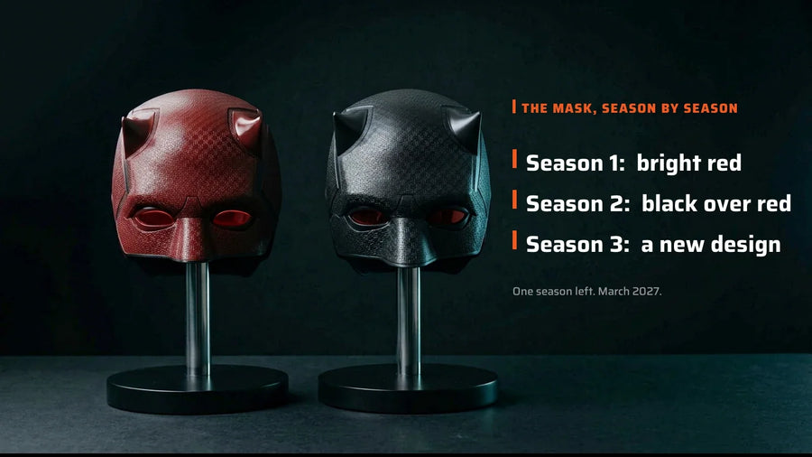Red and black Daredevil Born Again masks on a dark background, one for each season of the show
