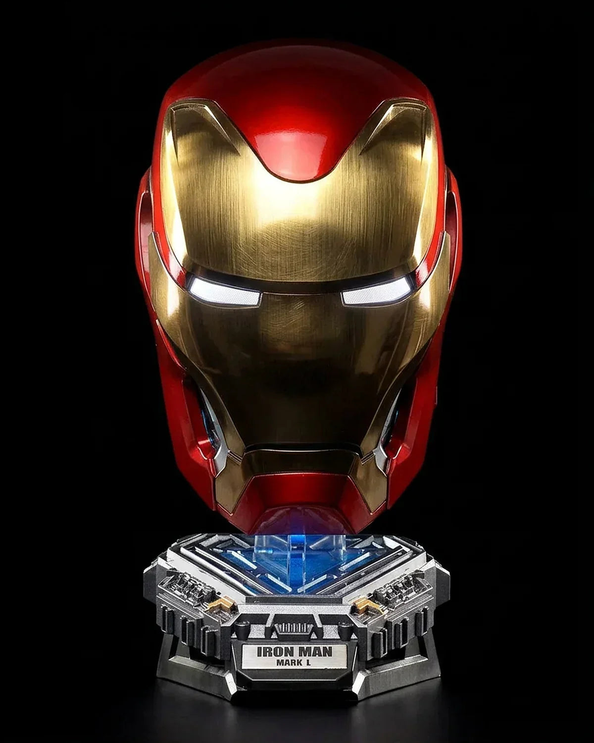 Wearable Iron Man replica helmet on a display stand