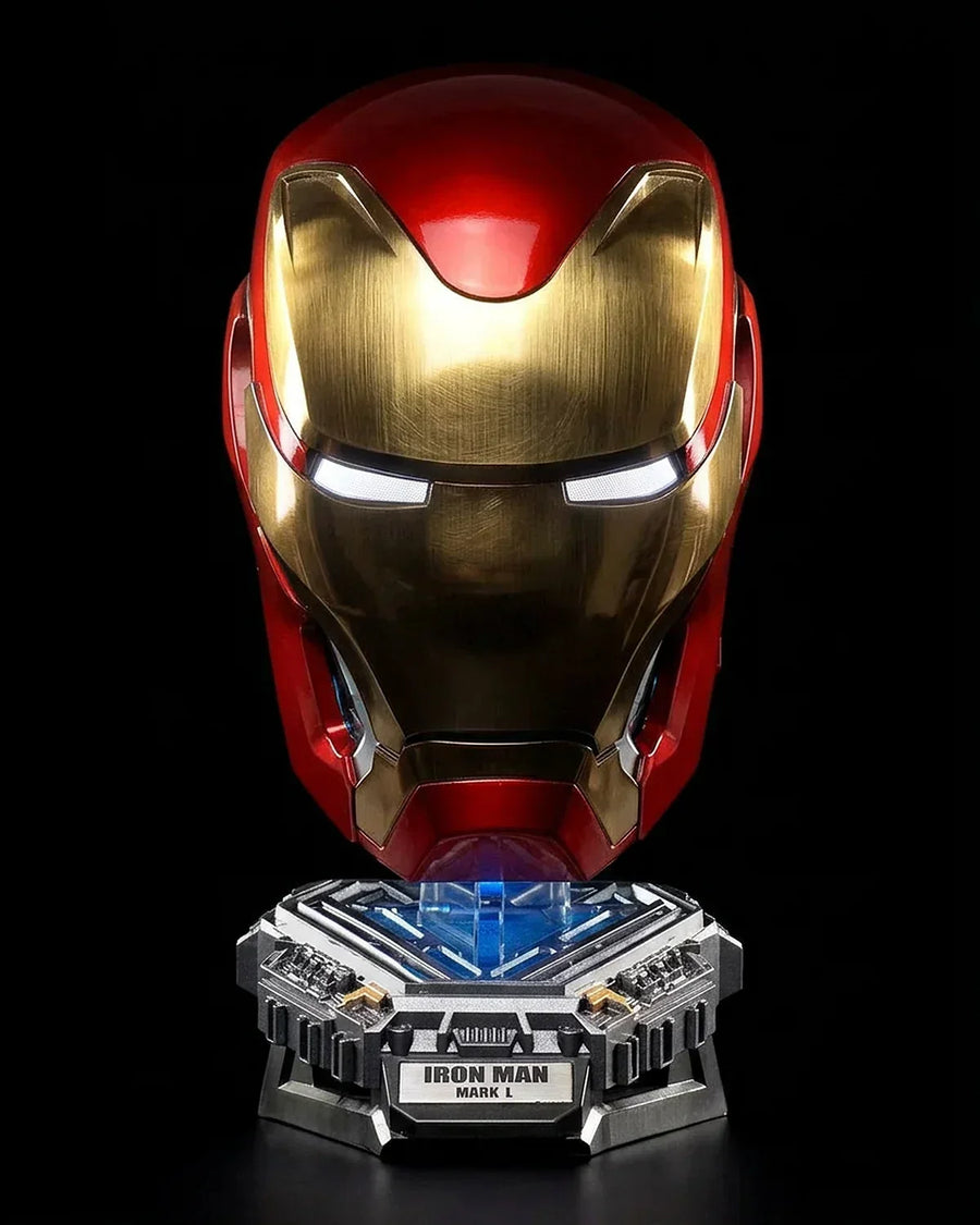 Wearable Iron Man replica helmet on a display stand