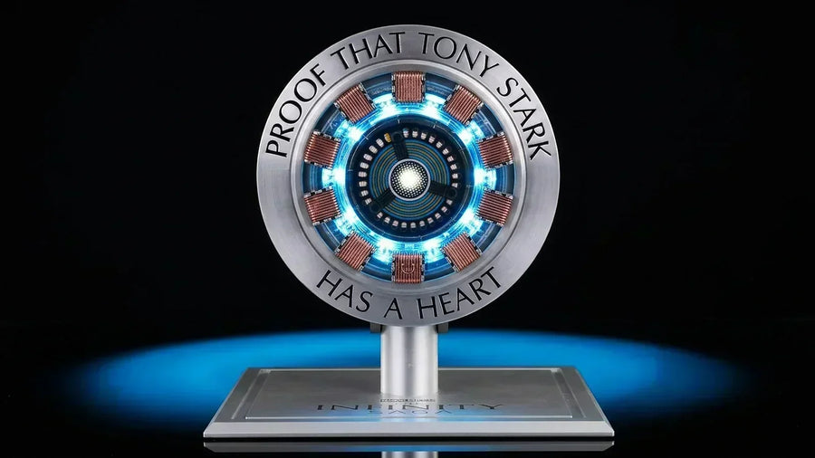 Iron Man Arc Reactor wireless charger lit blue on its Infinity Saga base