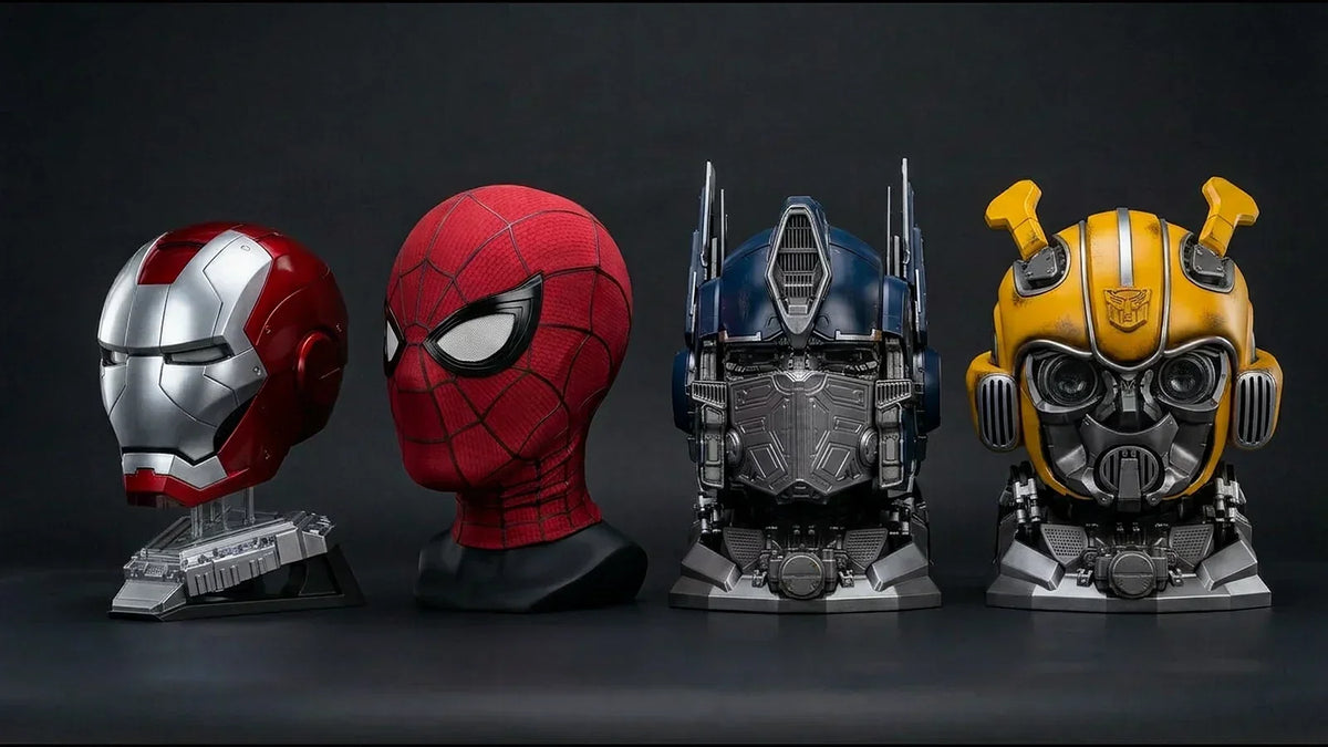 Iron Man, Spider-Man, Optimus Prime and Bumblebee helmet and mask lined up on a dark background