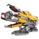 Bumblebee arm cannon on its stand with the barrel extended and red LED lit