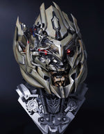 Hand-painted battle damage finish on the Megatron helmet, front view