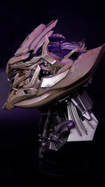 Rear profile of the wearable Megatron helmet showing the mechanical neck structure