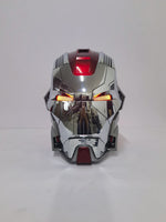 Silver and red Iron Man MK17 Heartbreaker helmet, front view, LEDs on