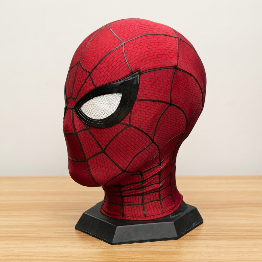 Spider-Man Brand New Day mask on a display head, three-quarter view
