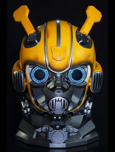 Transformers Bumblebee helmet with the battle mask open and blue LED eyes lit