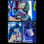 Thor's hammer Mjolnir held in hand beside Iron Man and Captain America displays
