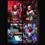 Iron Man MK5 bust shown on desks and shelves in four settings