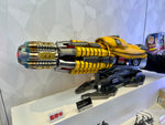 Front view of the extended Bumblebee cannon barrel on its display base