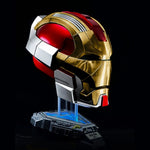 Iron Man MK17 helmet displayed on an LED-lit stand