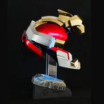Open-jaw Iron Man MK17 Heartbreaker helmet on a stand with a built-in speaker