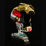 Iron Man MK17 helmet with the open jaw lowered, side view on the display stand
