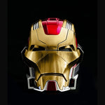 Iron Man MK17 helmet Classic Gold x Red colorway, front view, LEDs off
