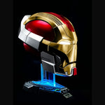 Gold and red Iron Man Mark 17 helmet in profile on its lit display stand