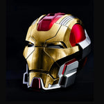 Brushed gold Iron Man MK17 Heartbreaker helmet, three-quarter view