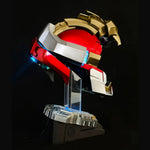 Iron Man MK17 helmet open, blue side LED lit, on the display stand