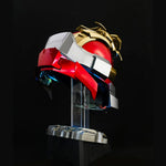 Rear three-quarter view of the Iron Man MK17 helmet on its stand
