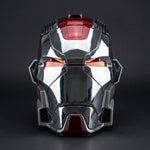 Iron Man MK17 helmet Silver x Red colorway, front view with amber LED eyes
