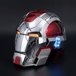 Chrome silver and red Iron Man MK17 helmet with amber eyes and blue temple LED