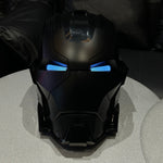 Matte black Dark Edition Iron Man MK17 helmet with blue LED eyes, front view