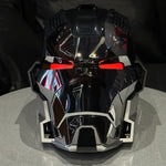 Front view of the black chrome Iron Man Mark 17 helmet with red eyes lit
