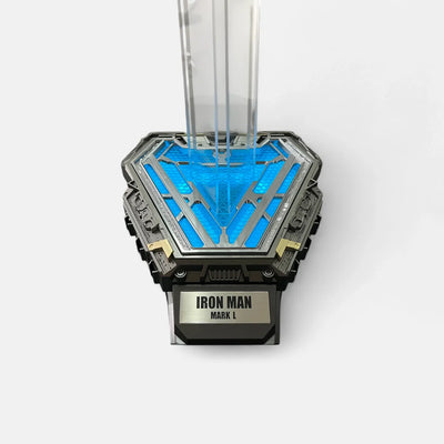 Iron Man helmet stand base lit blue with the Mark L nameplate