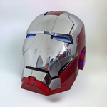 Chrome silver and red Iron Man MK5 Mark 5 helmet, three-quarter view
