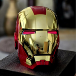 Gold and red Iron Man MK5 helmet with red LED eyes, three-quarter view