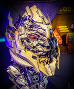 Close side view of the Megatron helmet showing the jaw detail and lit red eye
