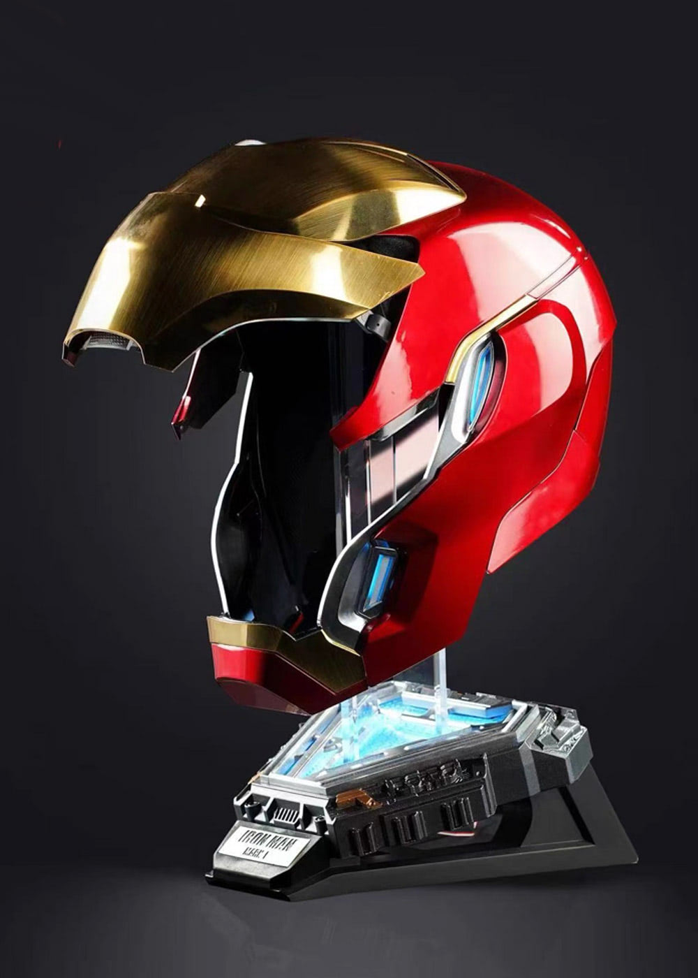 Iron Man MK50 helmet with the motorized faceplate raised, side view on LED stand