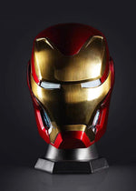 Iron Man MK50 helmet front view with white LED eyes lit, faceplate closed