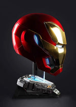 Red and gold Iron Man MK50 helmet in profile with blue LED side vents