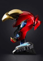 Iron Man MK50 helmet fully open, three-quarter view with rear panels flared