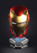 Iron Man MK50 Mark L helmet on its lit display stand, front view