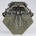 Rear panel of the Megatron helmet stand showing the circuit pattern and chains