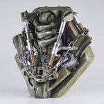 Three-quarter view of the Megatron helmet stand showing the cabling and springs