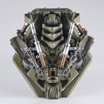 Megatron helmet stand sculpted as a Decepticon torso with chains and pistons