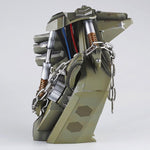 Side profile of the Megatron helmet stand with chain and chrome pistons