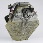 Back of the Megatron helmet stand with circuit trace detailing and Transformers mark