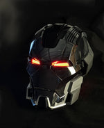 Iron Man MK17 helmet in gloss black and chrome with red LED eyes, three-quarter view