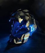 Silver and black Iron Man MK17 helmet open, blue LEDs and mesh interior visible