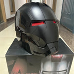 Matte black Dark Iron Man MK5 helmet with red LED eyes on its box
