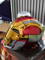 Close-up of the gold and red Iron Man MK17 helmet finish and panel lines